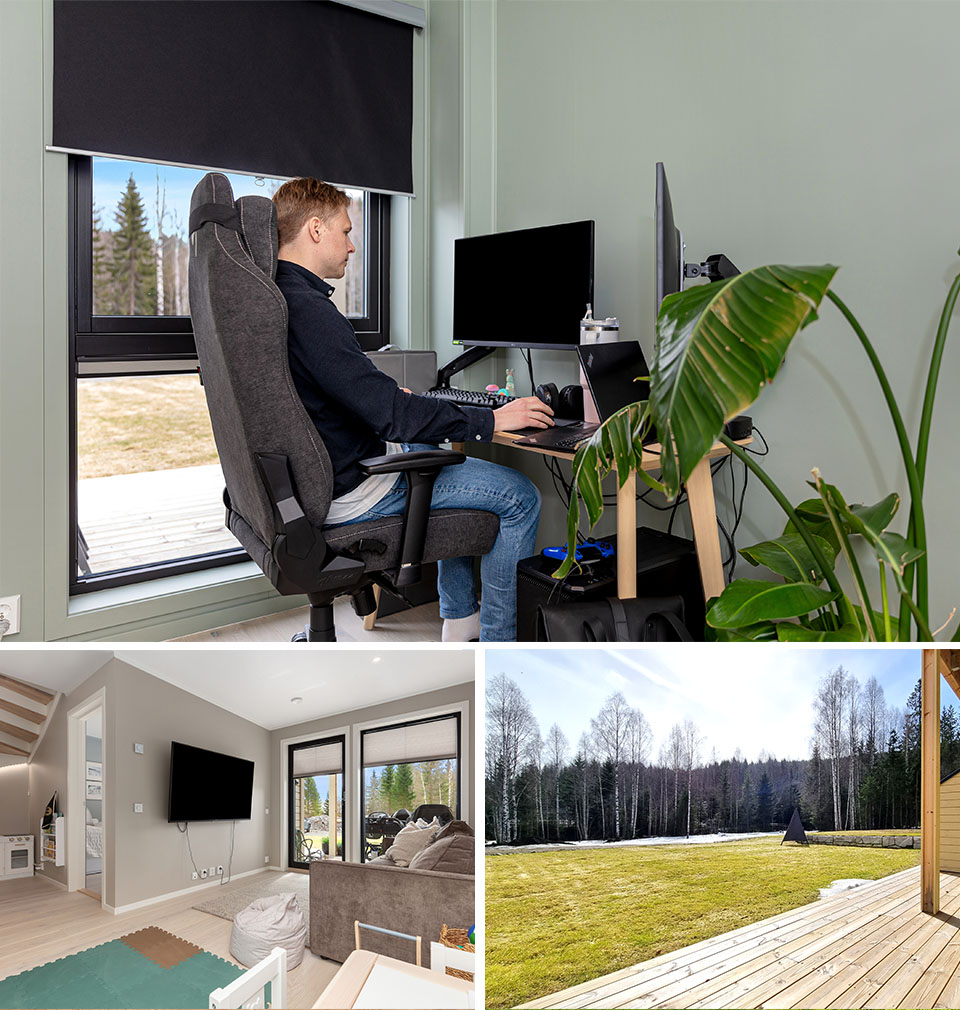 Foto av Daniel på hjemmekontoret, kjellerstuen og terrasse i nabobygget
