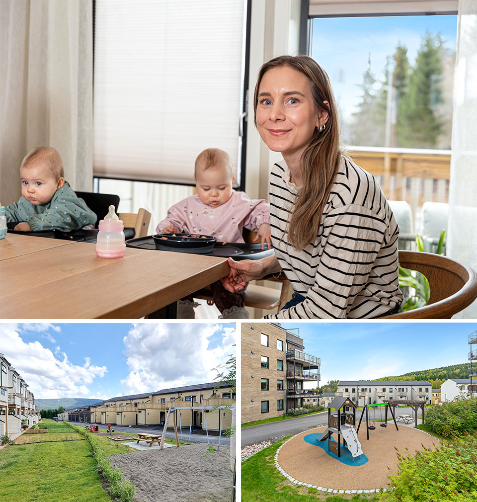 Foto av Kaja og tvillingene, og de nærmeste lekeplassene på området